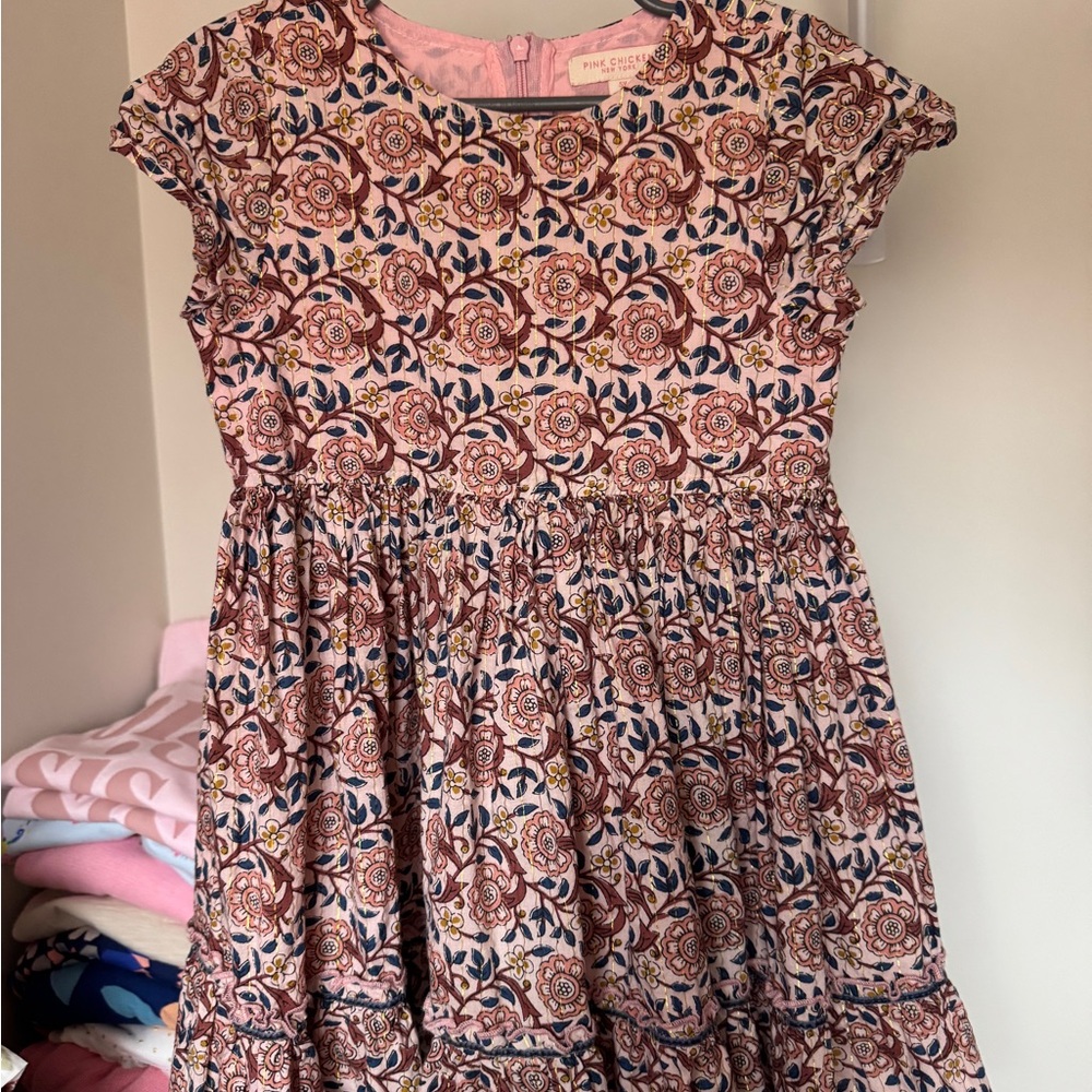 Pink Chicken Floral Kids Dress in Pink and Brown